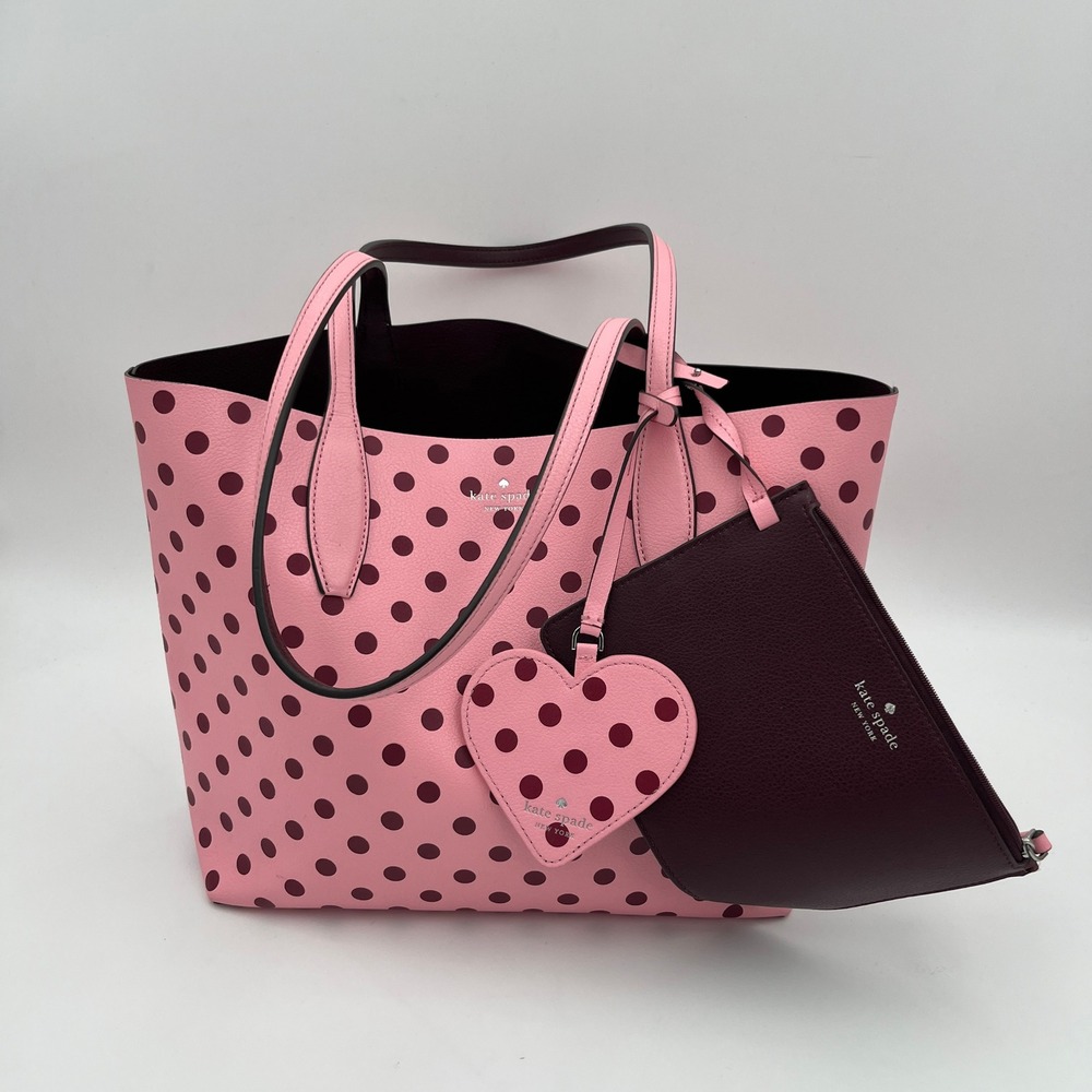 Kate Spade Tote Bag Women Pink Polka Dot Reversible Heart Charm Pouch Leather